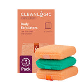 Cleanlogic bath scrubber pack in three colors for deep clean and smoother skin.