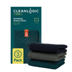 Cleanlogic Body Exfoliating Cloth packaging showcasing convenient bath routine.