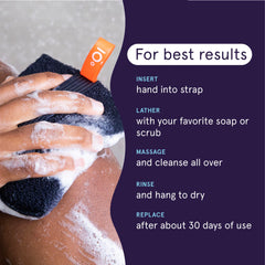 Charcoal-infused scrubber close-up emphasizing impurity absorption and refreshing feel.