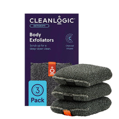 Cleanlogic Detoxify charcoal exfoliating body scrubber in use for a refreshed, smoother skin texture.