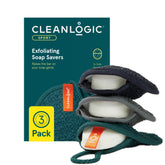 Cleanlogic Men Exfoliating Soap Saver packaging shows a 3-pack for daily exfoliation routine.
