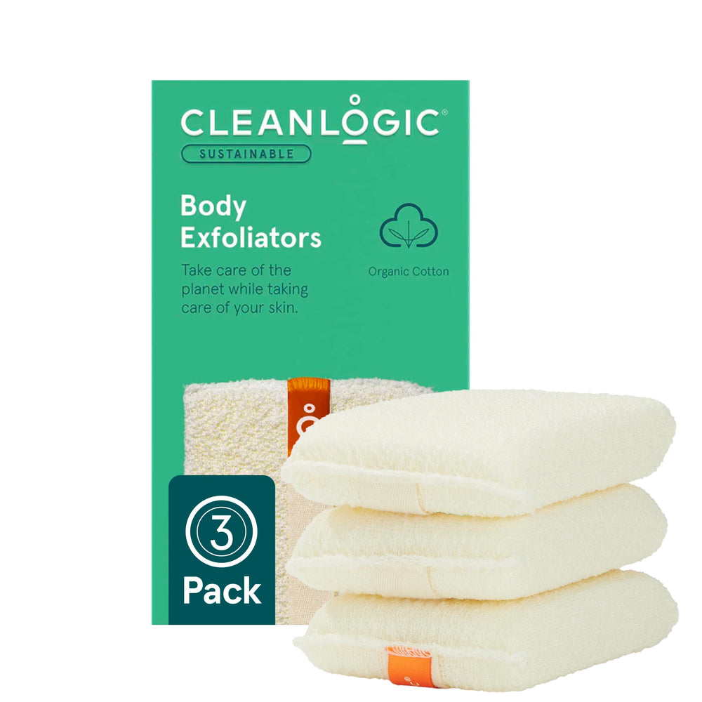 Cleanlogic Organic Cotton Exfoliating Scrubber pack—daily skin refinement demonstration.