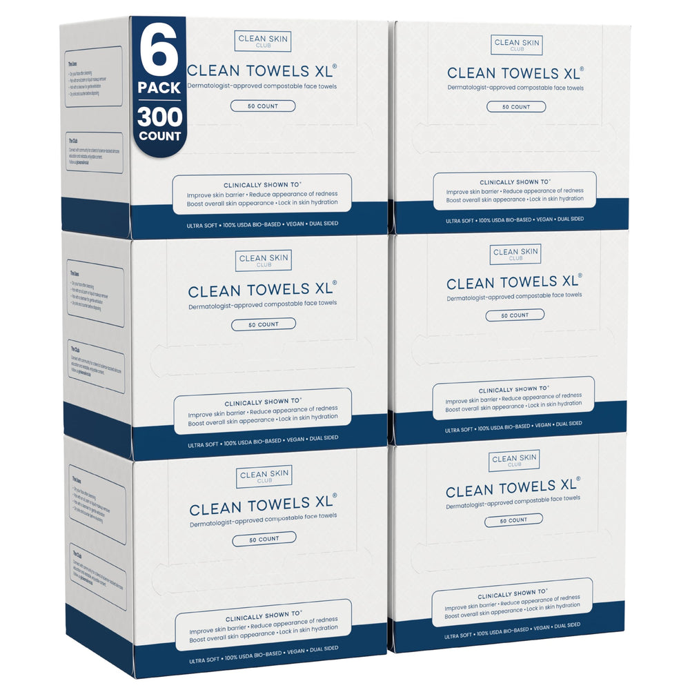 Clean Skin Club Clean Towels XL pack-front shows convenient single-use facial care.