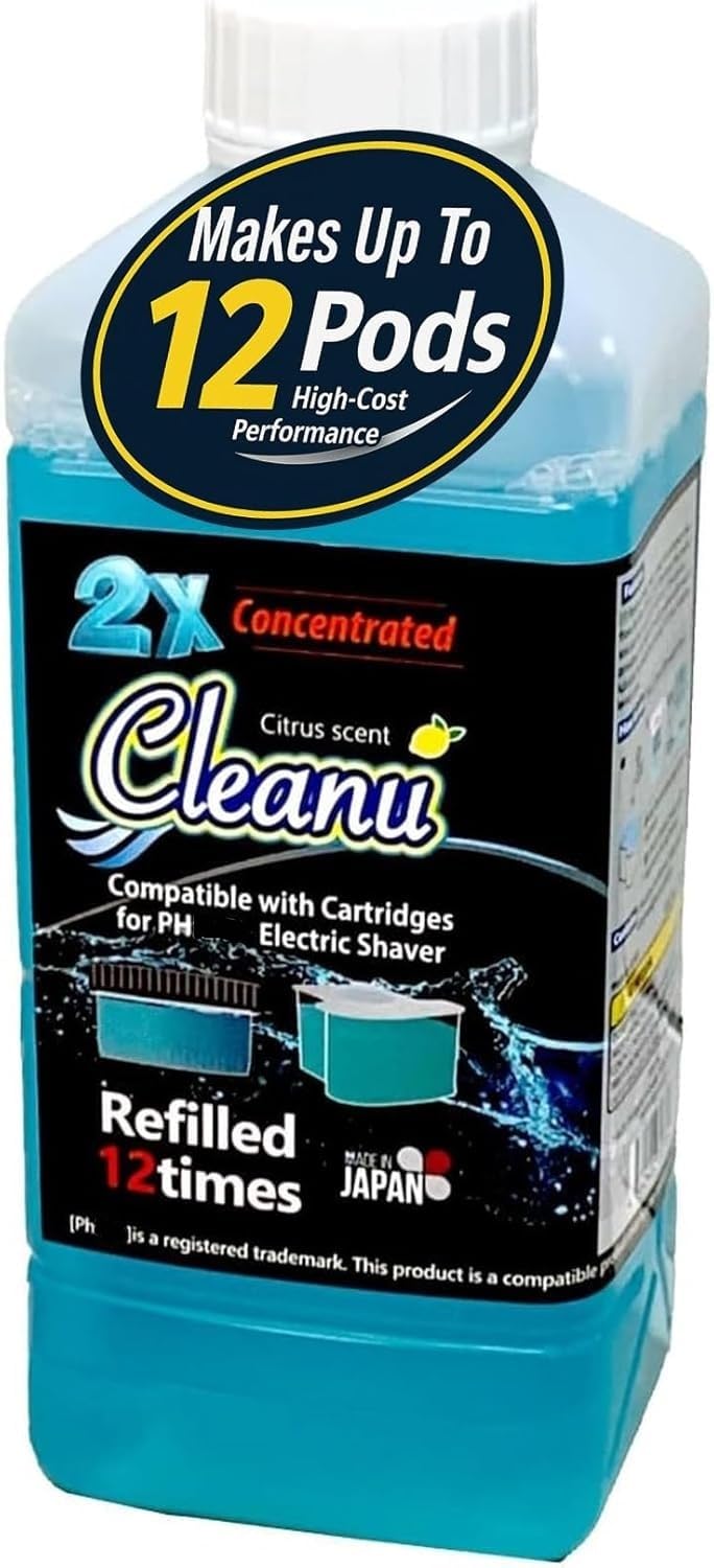 Cleanu bottle close-up shows ready-to-use shaver cleaning solution for easy refills.