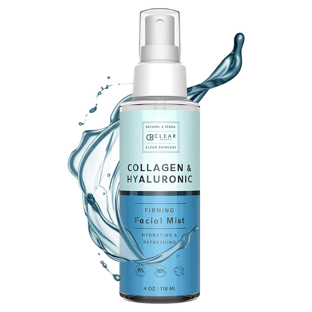 Clear Beauty Hyaluronic Acid & Collagen Face Mist bottle closeup highlighting hydrating formula.