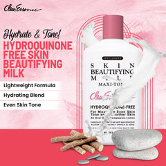 Product label on Clear Essence Milk bottle highlights hydroquinone-free, gentle hydration