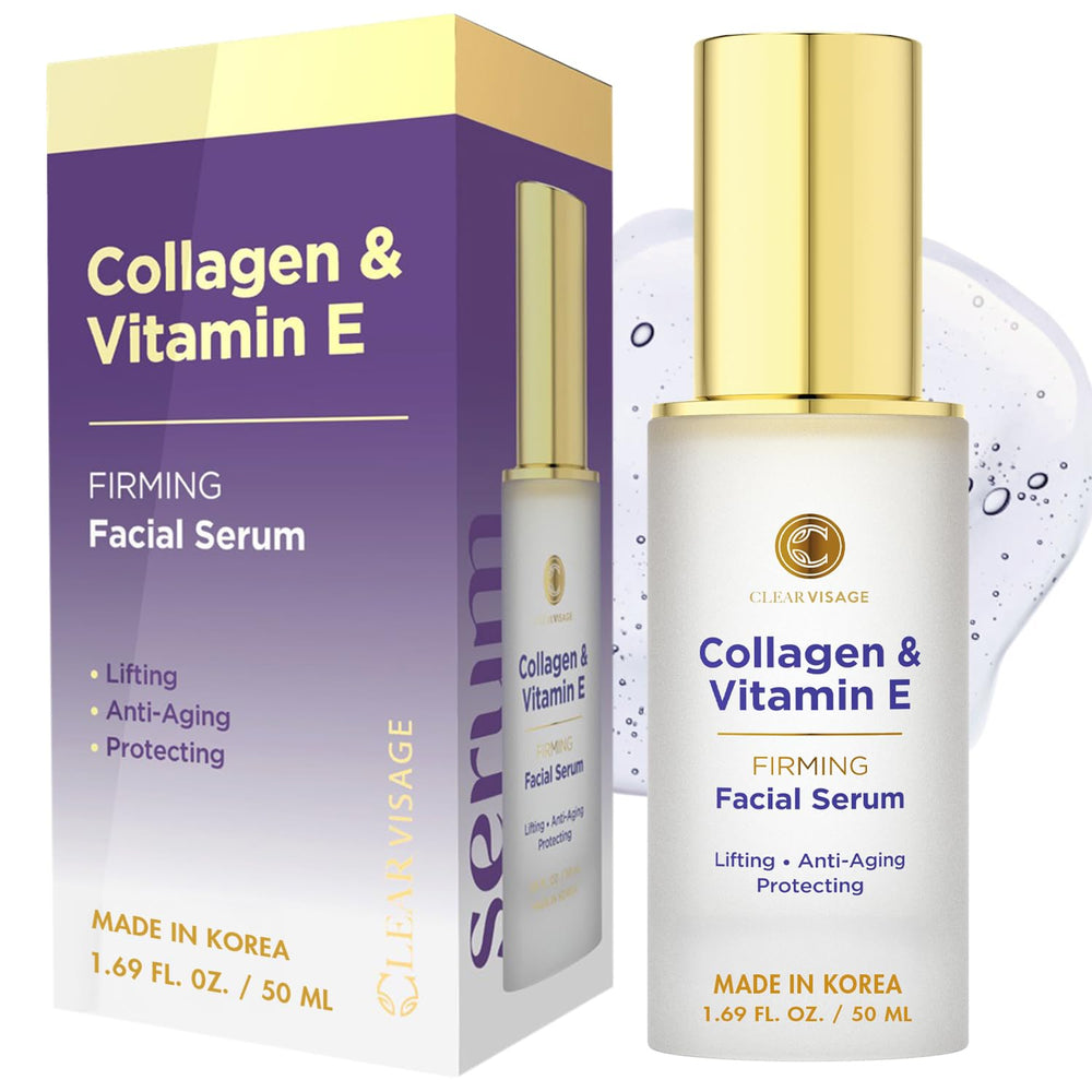 Clear Visage Collagen & Vitamin E Serum bottle closeup showing hydrating skincare benefits.