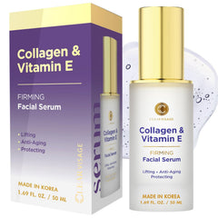 Clear Visage Collagen & Vitamin E Serum bottle closeup showing hydrating skincare benefits.