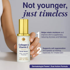 Clear Visage Collagen & Vitamin E Serum dropper closeup emphasizes precise application for smooth skin.