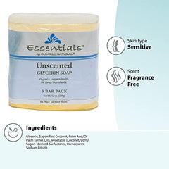 Clearly Natural Essentials glycerin bar soap unscented packaging demonstrates fragrance-free care for sensitive skin