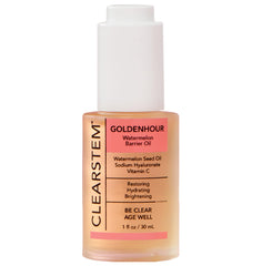 CLEARSTEM GOLDENHOUR bottle closeup shows rich hydration for glowing skin