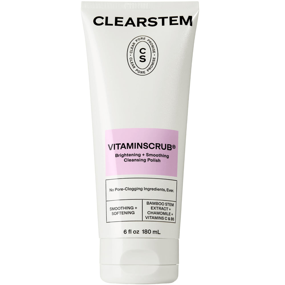 CLEARSTEM VITAMINSCRUB jar closeup highlighting brightening formula for smoother skin.