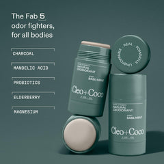 Cleo+Coco ingredients charcoal magnesium probiotics mandelic acid elderberry highlight natural actives.