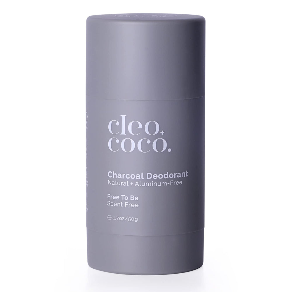 Cleo+Coco natural deodorant bottle front with aluminum-free formula for all-day odor protection.