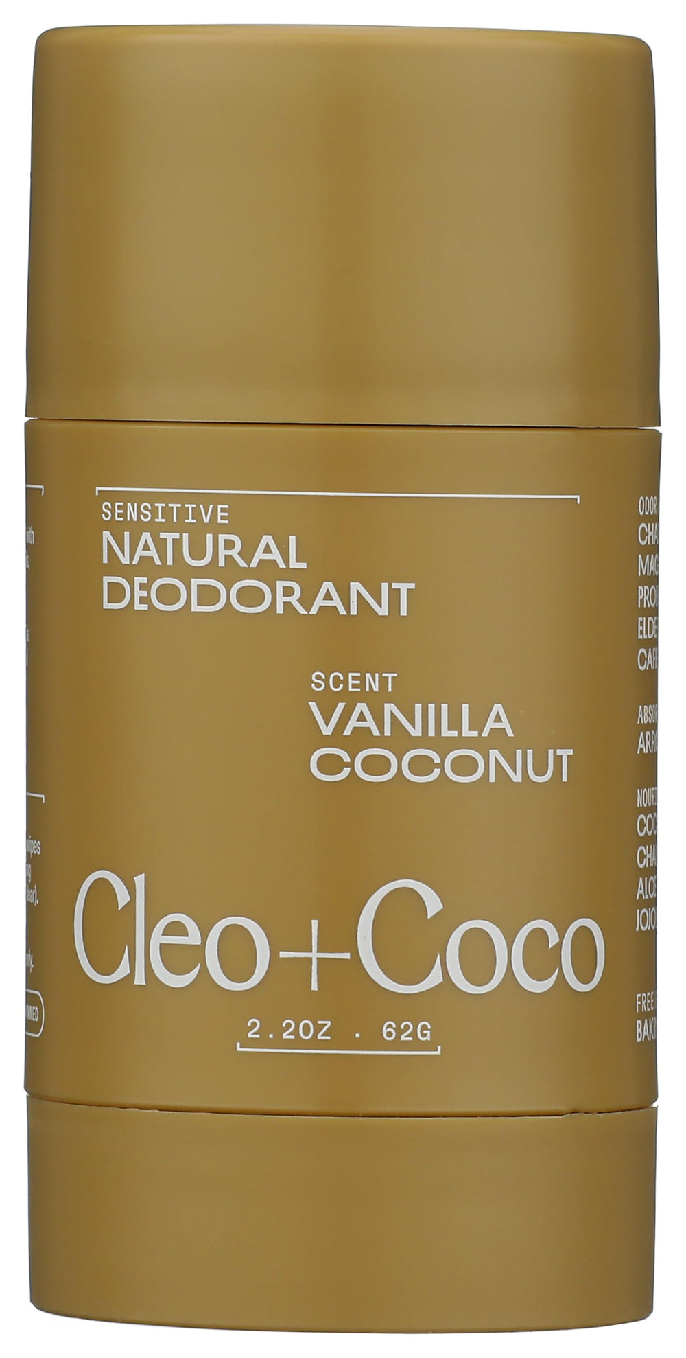 Cleo+Coco Sensitive Deodorant Balm vanilla coconut packaging highlights clean vegan branding