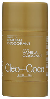Cleo+Coco Sensitive Deodorant Balm vanilla coconut packaging highlights clean vegan branding