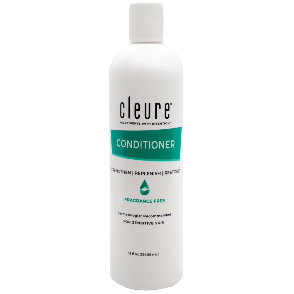 Cleure Hydrating Fragrance Free Conditioner bottle demonstrates unscented moisture for sensitive hair