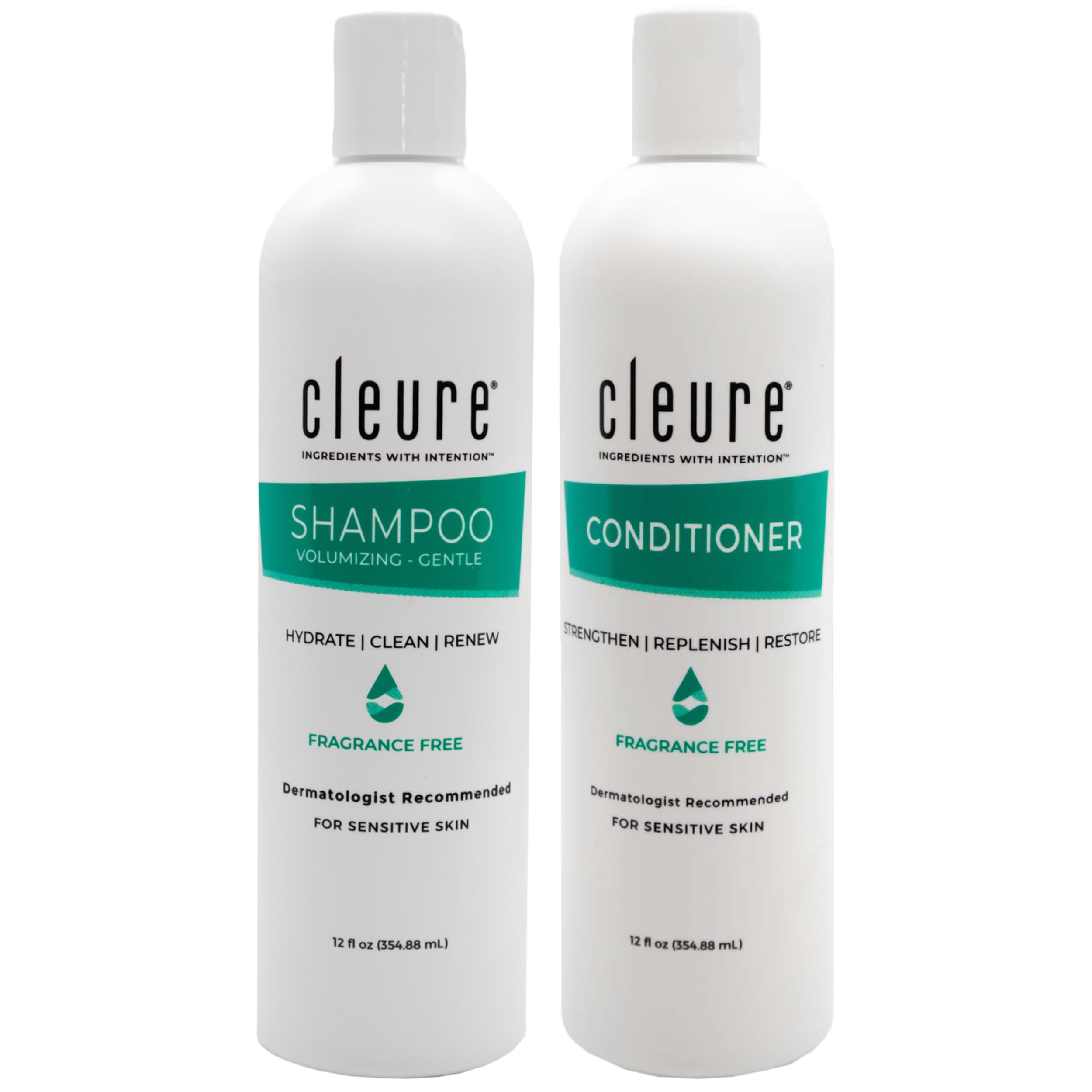 Cleure shampoo bottle front shows sulfate-free formula for sensitive skin.
