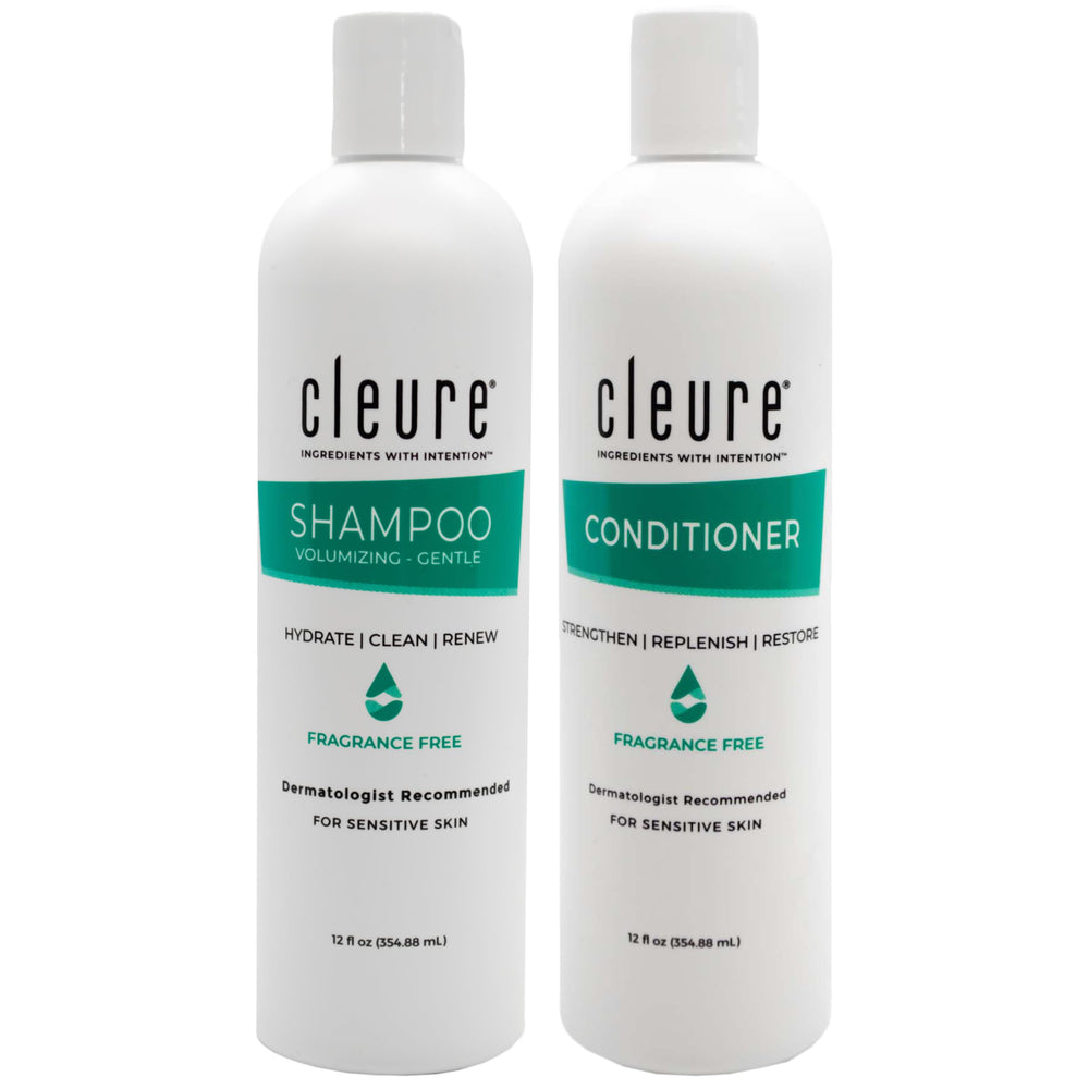 Cleure shampoo bottle front shows sulfate-free formula for sensitive skin.