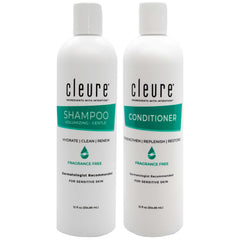 Cleure shampoo bottle front shows sulfate-free formula for sensitive skin.