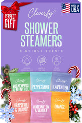 Cleverfy shower steamers packaging shown as a gift-ready set for relaxing home spa moments.