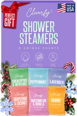 Cleverfy shower steamers packaging shown as a gift-ready set for relaxing home spa moments.