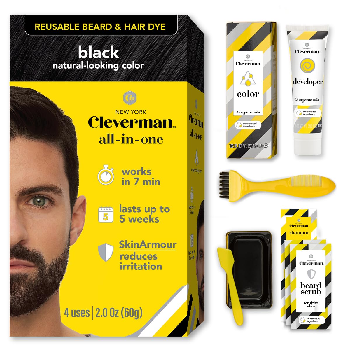 CLEVERMAN Black Hair Dye Kit close-up with all-in-one packaging for easy gray coverage at home