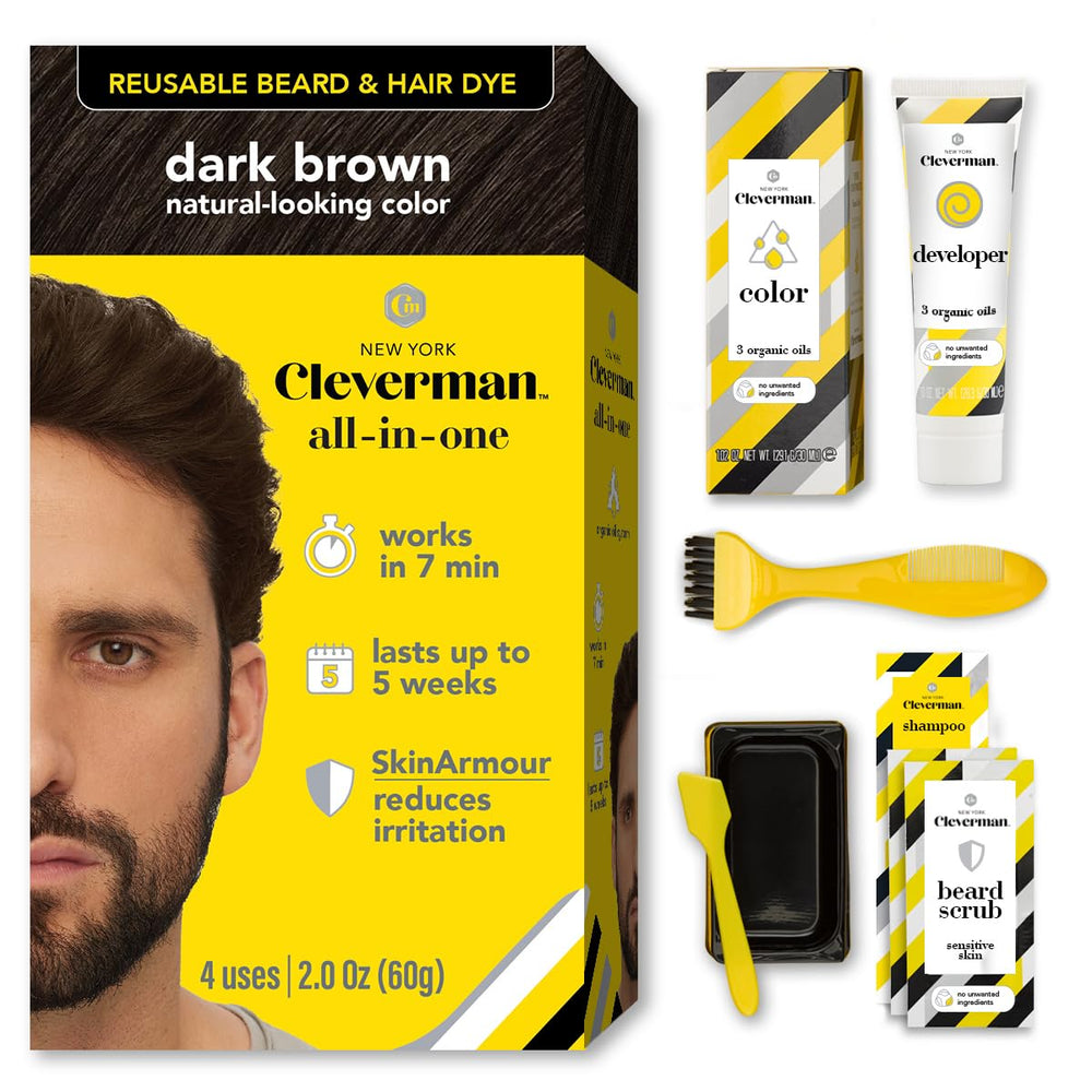 Cleverman dark brown hair dye kit packaging demonstrates professional color at home.
