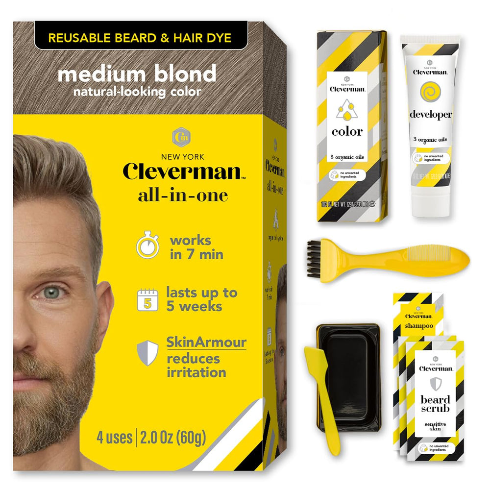 Cleverman Medium Blond All-in-One Kit hair color demonstrates natural gray coverage for hair.