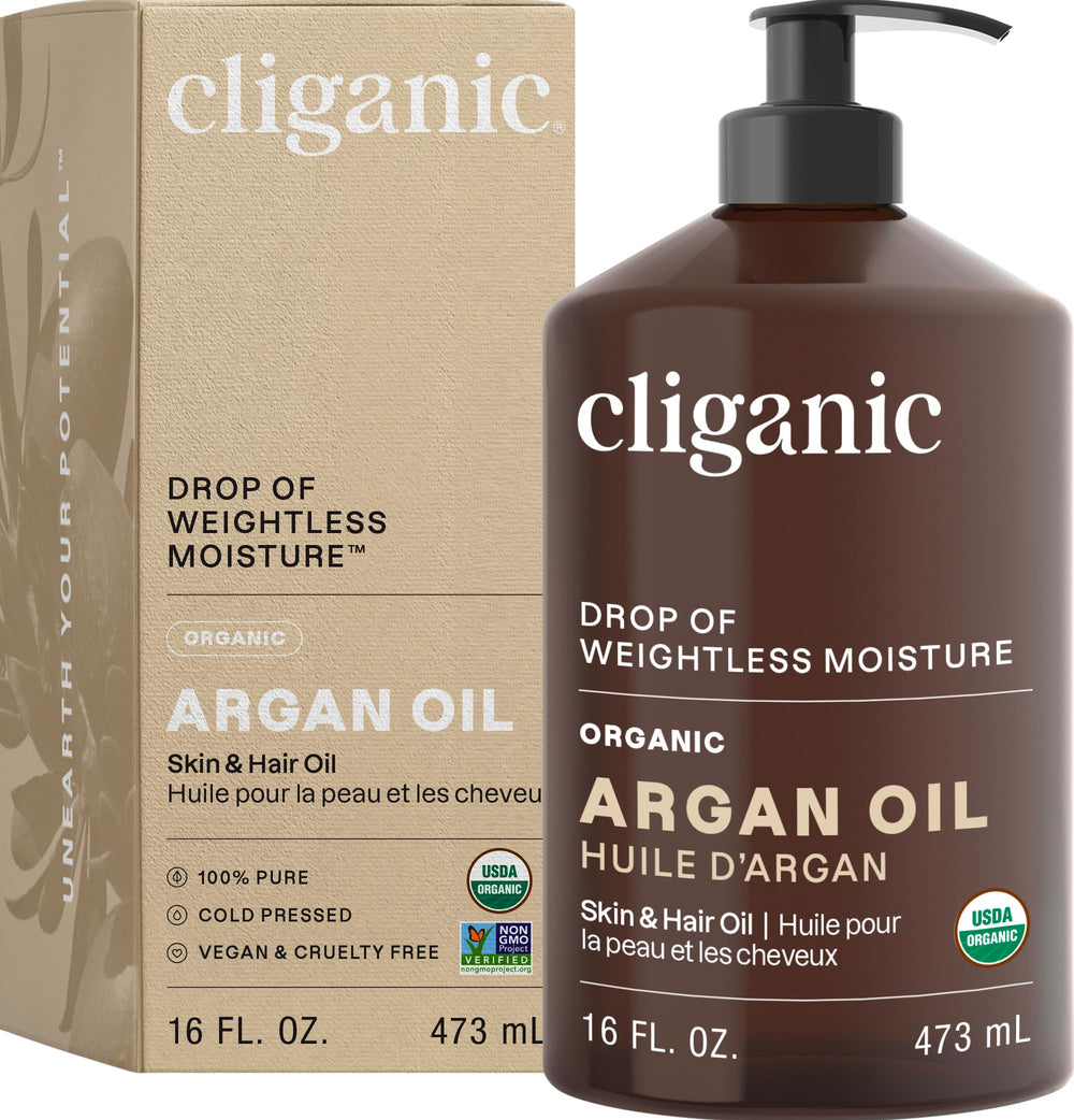 Cliganic Argan Oil bulk bottle pump for easy daily use on hair and skin.