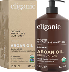Cliganic Argan Oil bulk bottle pump for easy daily use on hair and skin.