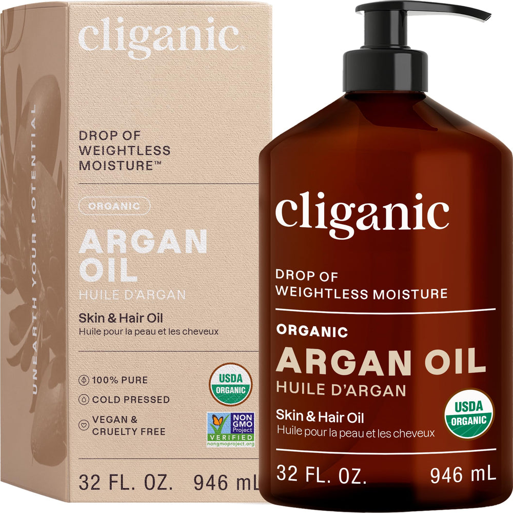 Cliganic Argan Oil bulk 32oz pump bottle for daily hair and skin hydration