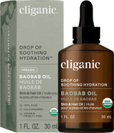 Cliganic Baobab Oil bottle on white background shows pure, single-ingredient formula for face and hair care.