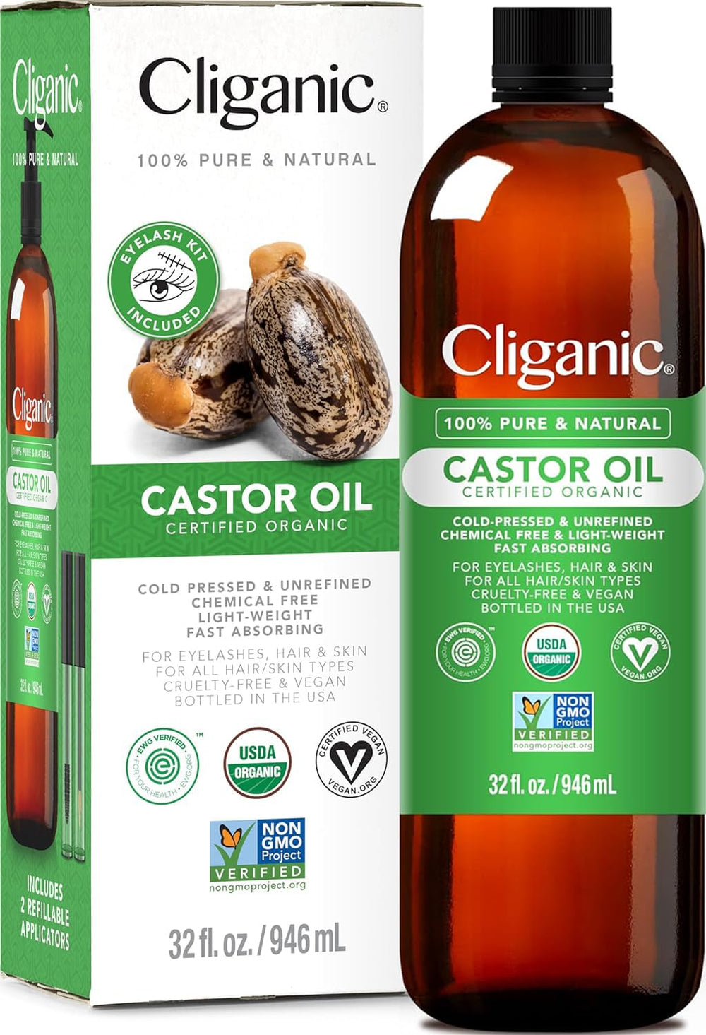Cliganic Castor Oil bottle 32oz showcasing pure cold-pressed formula for daily hair care