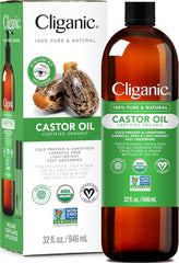 Cliganic Castor Oil bottle 32oz showcasing pure cold-pressed formula for daily hair care