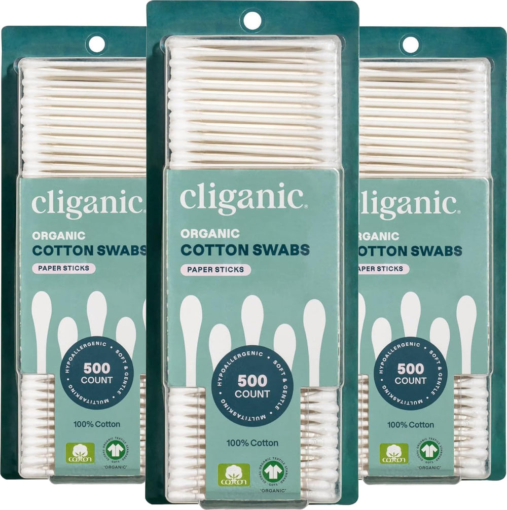 Cliganic cotton swabs front pack view, 1500-count, convenient for everyday makeup removal.