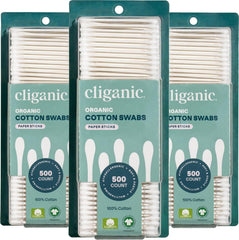 Cliganic cotton swabs front pack view, 1500-count, convenient for everyday makeup removal.