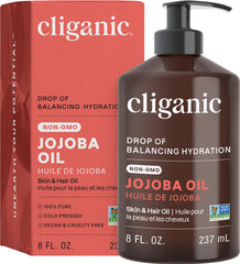 Cliganic jojoba oil 8oz pump bottle for face, skin and hair care.