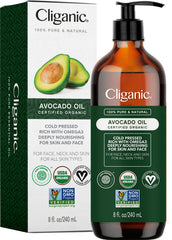 Cliganic Organic Avocado Oil bottle (8oz) ready for skin care.
