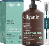 Cliganic Organic Castor Oil bottle close-up, pure versatile beauty oil.
