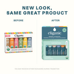 Cliganic Organic Lip Balm Set tubes closeup shows smooth textures for everyday hydration