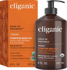 Cliganic Organic Pumpkin Seed Oil bottle, pure, single-ingredient formula for face and hair.