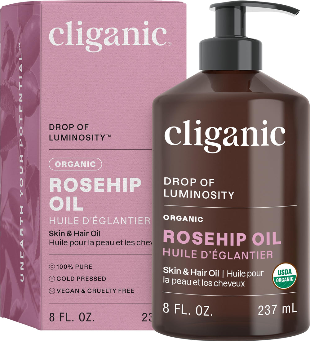 Cliganic Organic Rosehip Seed Oil bottle for pure skincare hydration.