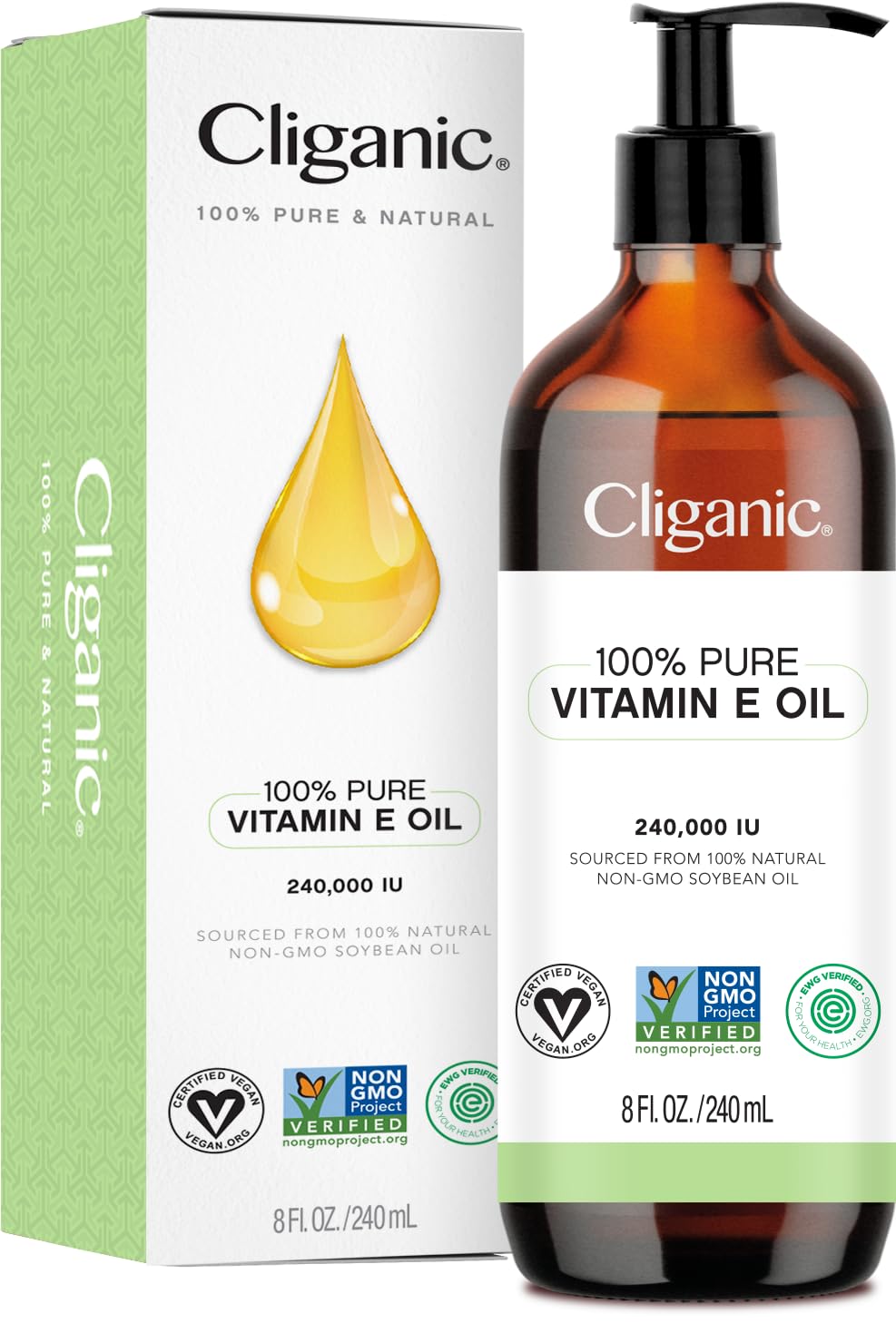 Cliganic pure vitamin E oil 8oz bottle for skin hydration and nourishment.