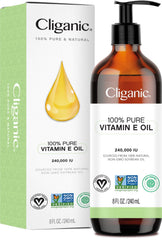 Cliganic pure vitamin E oil 8oz bottle for skin hydration and nourishment.