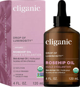 Cliganic rosehip seed oil bottle highlights facial hydration and skin nourishment.