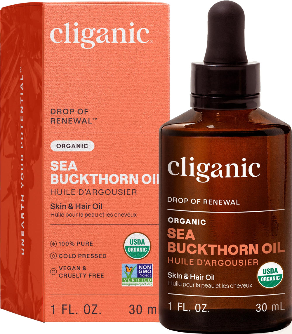Cliganic Sea Buckthorn Oil bottle close-up showing pure, organic skin nourishment.