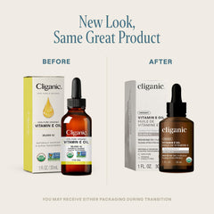 Cliganic Vitamin E oil dropper closeup shows easy facial application for hydration.