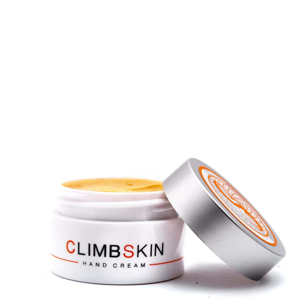 Climbskin hand cream tube front, compact travel size for on-the-go hydration.