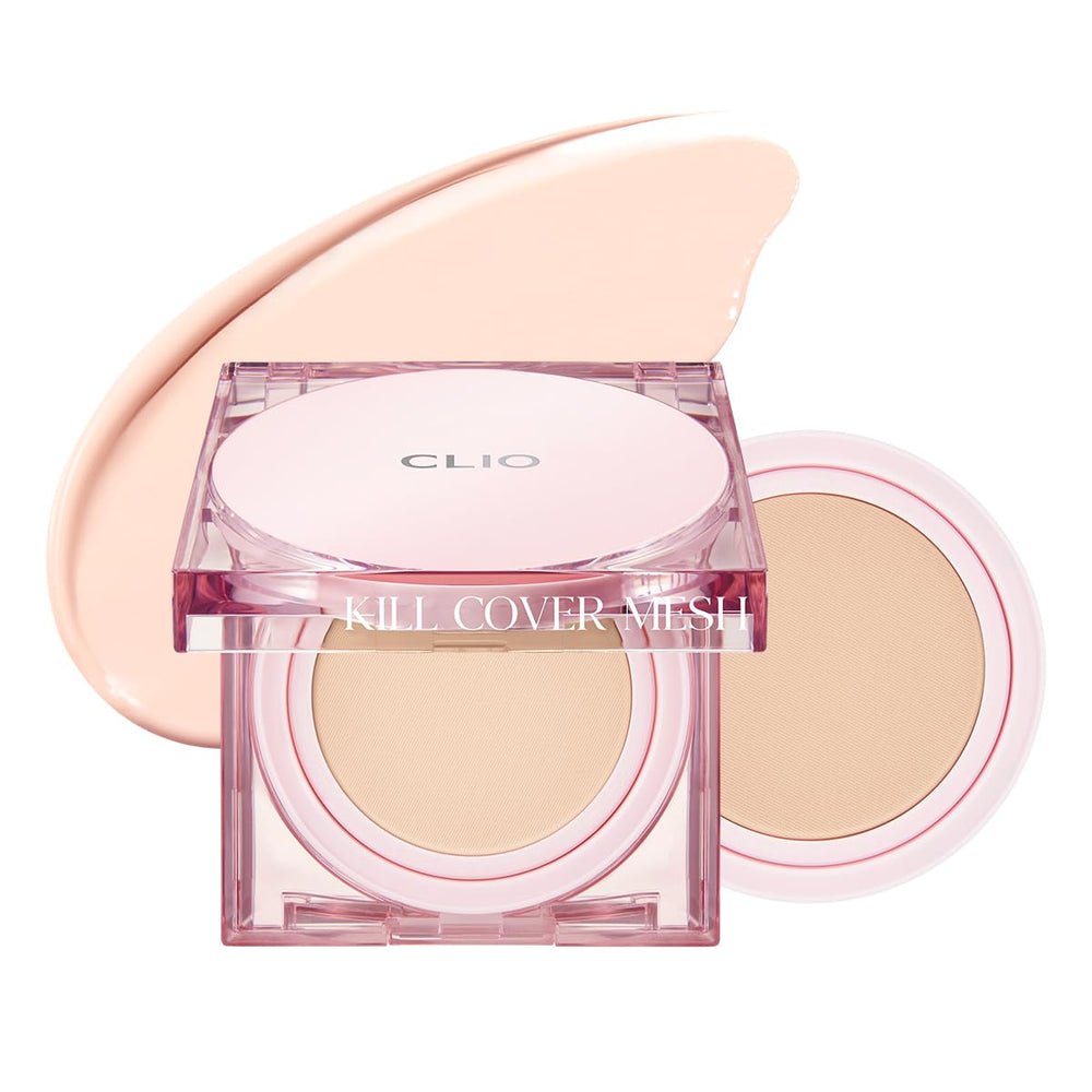 CLIO Kill Cover Mesh Glow Cushion packaging shows refill-ready set for on-the-go radiant skin.